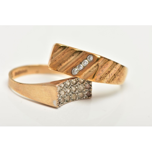 53 - TWO 9CT GOLD SIGNET RINGS, the first of a textured design set with an asymmetrical row of four round... 