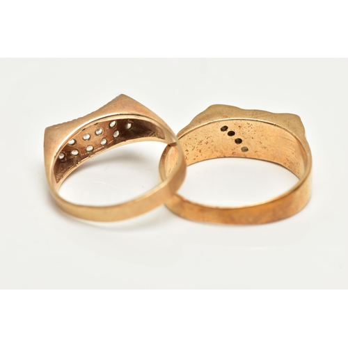 53 - TWO 9CT GOLD SIGNET RINGS, the first of a textured design set with an asymmetrical row of four round... 