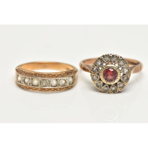 54 - TWO GEM SET RINGS, the first a cluster ring set with a central circular cut garnet, in a surround of... 