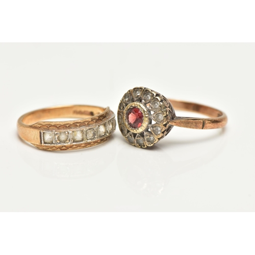 54 - TWO GEM SET RINGS, the first a cluster ring set with a central circular cut garnet, in a surround of... 