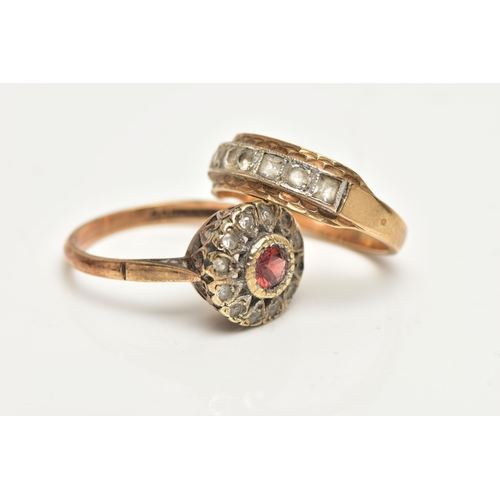 54 - TWO GEM SET RINGS, the first a cluster ring set with a central circular cut garnet, in a surround of... 