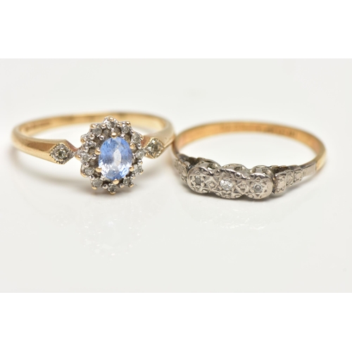 55 - TWO GEM SET RINGS, the first a three stone diamond ring, three illusion set single cut diamonds, ste... 