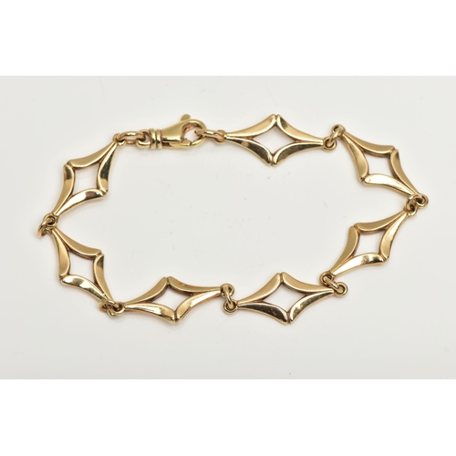 56 - A 9CT GOLD FANCY LINK BRACELET, designed with a series of openwork diamond shape links, with jump ri... 