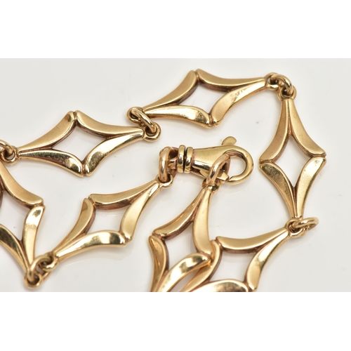 56 - A 9CT GOLD FANCY LINK BRACELET, designed with a series of openwork diamond shape links, with jump ri... 