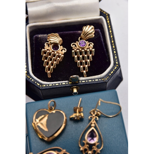 58 - FOUR PAIRS OF EARRINGS AND TWO PENDANTS, to include a pair of amethyst set articulated drop earrings... 