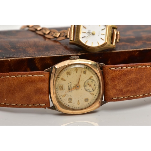 61 - TWO WRISTWATCHES, the first a 9ct gold 'Hefix, 15 jewels' manual wind watch, round cream dial, Arabi... 