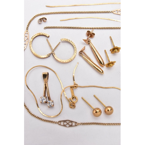 62 - A BAG OF ASSORTED YELLOW METAL JEWELLERY, to include a pair of hoop earrings hallmarked 9ct Birmingh... 