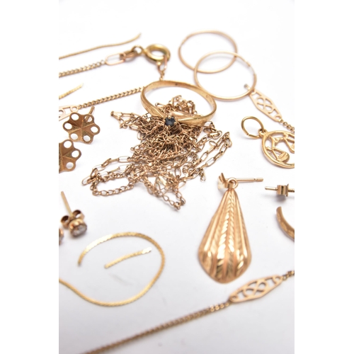 62 - A BAG OF ASSORTED YELLOW METAL JEWELLERY, to include a pair of hoop earrings hallmarked 9ct Birmingh... 