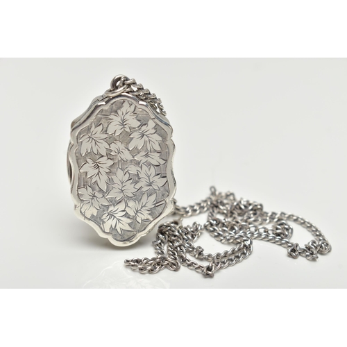 66 - A SILVER VINAIGERETTE PENDANT, lozenge form with scalloped edges, engraved with foliage detail to th... 