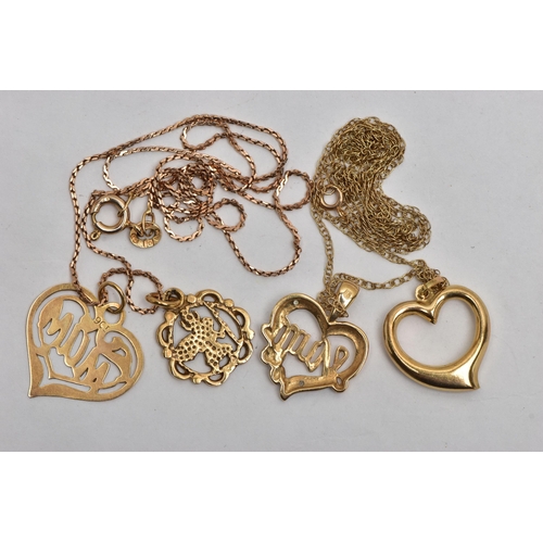 7 - FOUR PENDANTS AND TWO CHAINS, to include two heart shape pendants each inscribed 'Mum', one stamped ... 