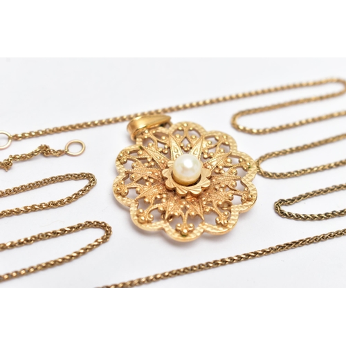 72 - A 9CT GOLD CHAIN AND YELLOW METAL PENDANT, a yellow gold fine Spiga chain, fitted with a lobster cla... 