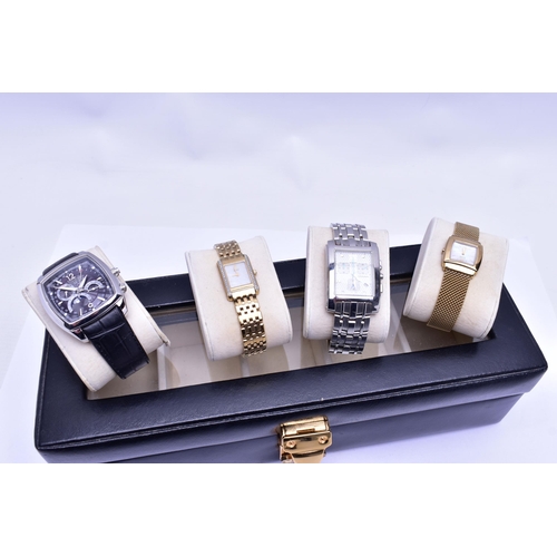 75 - A WATCH DISPLAY BOX WITH FOUR WRISTWATCHES, to include a gents 'Citizen Eco-drive W100', watch, roun... 