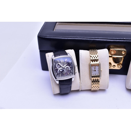 75 - A WATCH DISPLAY BOX WITH FOUR WRISTWATCHES, to include a gents 'Citizen Eco-drive W100', watch, roun... 