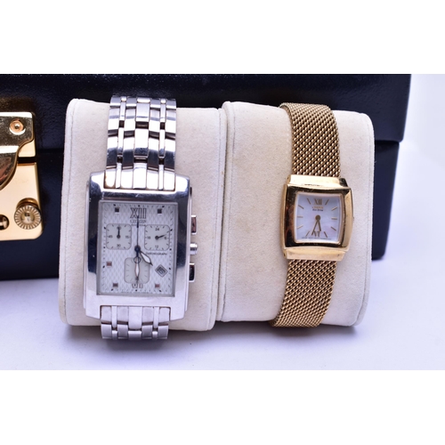 75 - A WATCH DISPLAY BOX WITH FOUR WRISTWATCHES, to include a gents 'Citizen Eco-drive W100', watch, roun... 