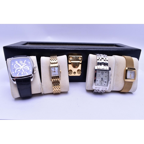 75 - A WATCH DISPLAY BOX WITH FOUR WRISTWATCHES, to include a gents 'Citizen Eco-drive W100', watch, roun... 