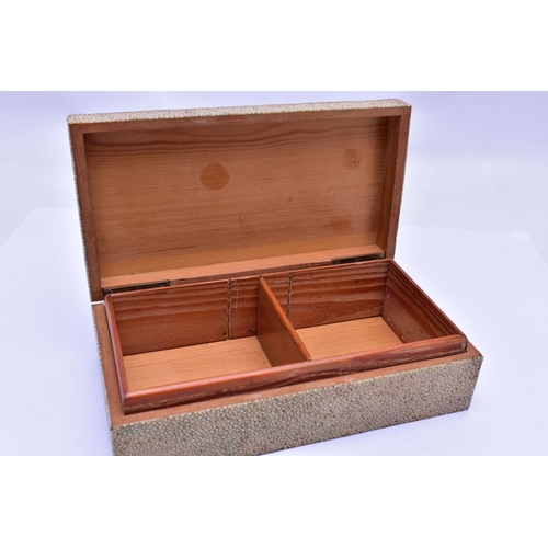 77 - A SHARGREEN WOODEN BOX, of a rectangular form, opens to reveal two compartments inside, hinged cover... 