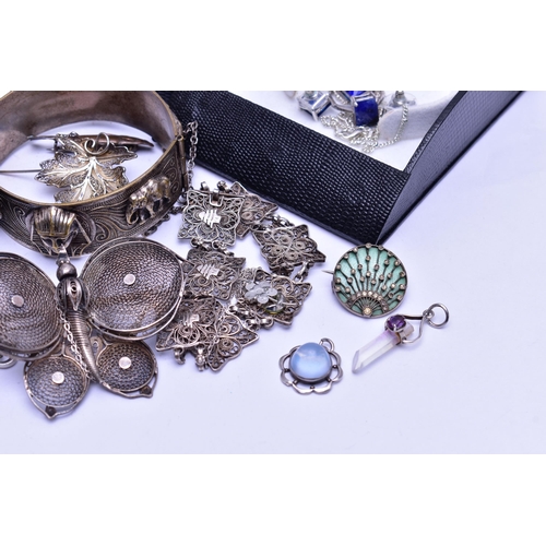 78 - A BOX OF ASSORTED JEWELLERY, to include a white metal moonstone pendant stamped 925, a white metal g... 