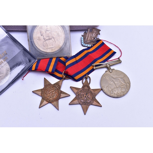 83 - A SMALL BOX OF ASSORTED MEDALS, to include 'The Italy Star' missing ribbon, 'The Burma Star' fitted ... 