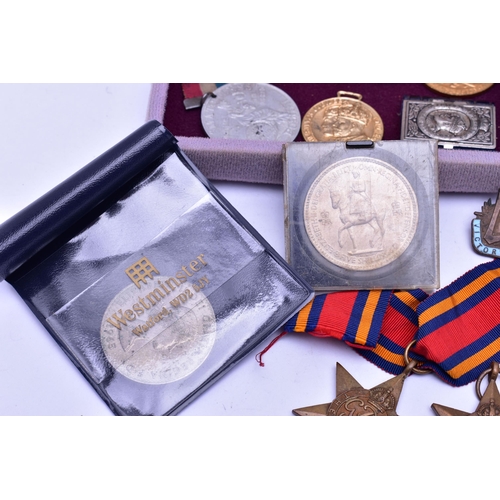 83 - A SMALL BOX OF ASSORTED MEDALS, to include 'The Italy Star' missing ribbon, 'The Burma Star' fitted ... 