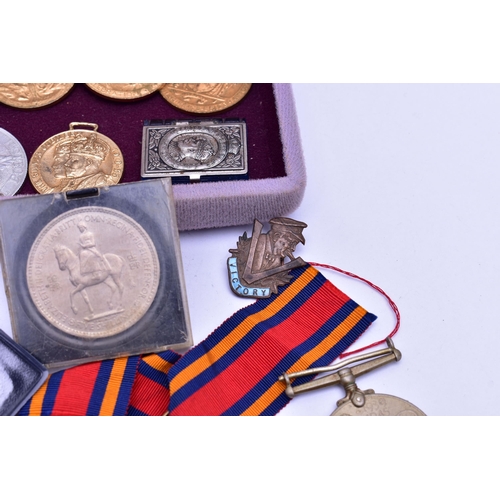 83 - A SMALL BOX OF ASSORTED MEDALS, to include 'The Italy Star' missing ribbon, 'The Burma Star' fitted ... 