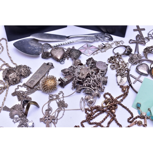 86 - ASSORTED SILVER AND WHITE METAL JEWELLERY AND ITEMS, to include a charm bracelet with charms, ingot ... 