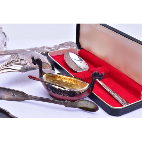 89 - A BOX OF ASSORTED SILVER AND ITEMS, to include a silver fiddle pattern ladle, hallmarked 'Bernard Ha... 