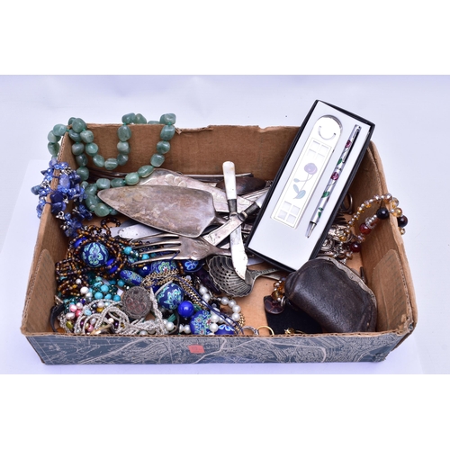 90 - A BOX OF ASSORTED ITEMS, to include a boxed pen and book mark set, an amazonite bead necklace, a car... 