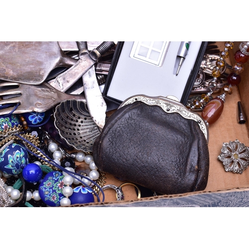 90 - A BOX OF ASSORTED ITEMS, to include a boxed pen and book mark set, an amazonite bead necklace, a car... 