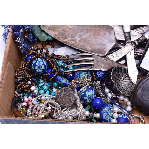 90 - A BOX OF ASSORTED ITEMS, to include a boxed pen and book mark set, an amazonite bead necklace, a car... 