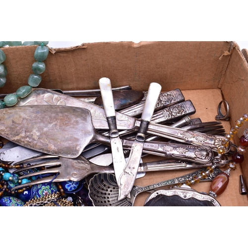 90 - A BOX OF ASSORTED ITEMS, to include a boxed pen and book mark set, an amazonite bead necklace, a car... 