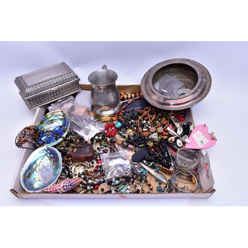 92 - A BOX OF COSTUME JEWELLERY AND OTHER ITEMS, to include a small heart pendant set with a heart cut aq... 