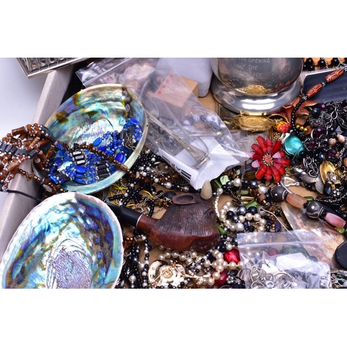 92 - A BOX OF COSTUME JEWELLERY AND OTHER ITEMS, to include a small heart pendant set with a heart cut aq... 