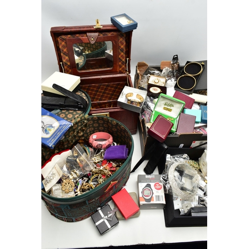 97 - A LARGE BOX OF COSTUME JEWELLERY,  to include necklaces, bracelets, earrings, and brooches, also inc... 