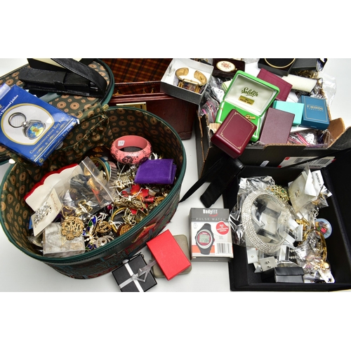 97 - A LARGE BOX OF COSTUME JEWELLERY,  to include necklaces, bracelets, earrings, and brooches, also inc... 