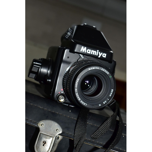 280 - A MAMIYA M645E MEDIUM FORMAT CAMERA fitted with a Secor C 80mm f2.8 lens, three filters and a case C... 