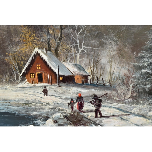 295 - GUNTER SEEKATZ (1928-?) A 19TH CENTURY STYLE WINTER LANDSCAPE, figures are walking along a lane besi... 