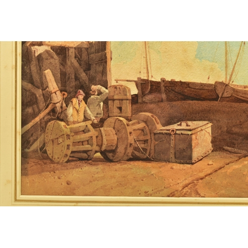 307 - SAMUEL PROUT (1783-1852) 'ON THE DEVONSHIRE COAST', figures repairing ships capstans beside a worksh... 