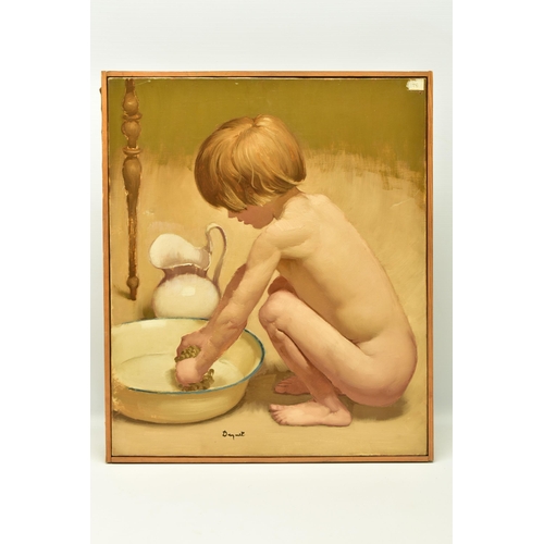 309 - ALAIN DEQUET (1920-1980) 'WRINGING OUT THE SPONGE', a portrait of a naked child with a bowl of water... 