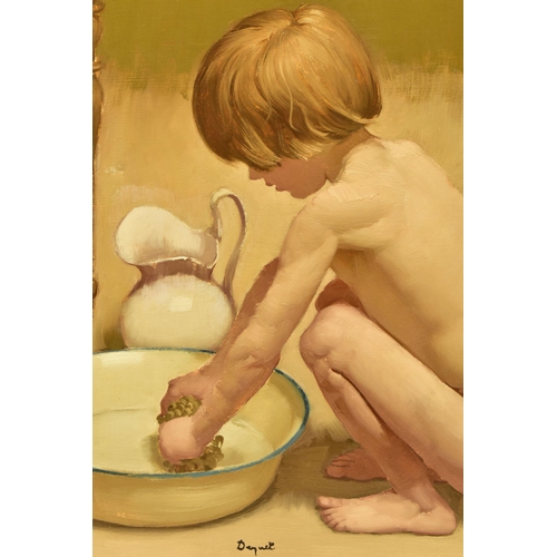 309 - ALAIN DEQUET (1920-1980) 'WRINGING OUT THE SPONGE', a portrait of a naked child with a bowl of water... 