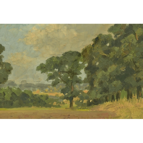 313 - JOHN ALFRED HAGGIS (1897-1968) 'LOOKING TOWARDS CHIGWELL ROW, ESSEX', an English landscape with tree... 