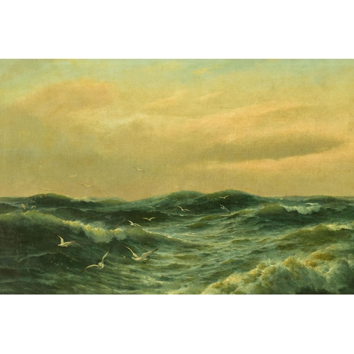 321 - DAVID JAMES (1853-1904) BREAKING WAVES, a  view of open seas with gulls flying over breaking white c... 