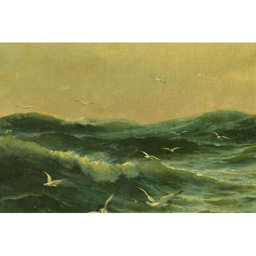 321 - DAVID JAMES (1853-1904) BREAKING WAVES, a  view of open seas with gulls flying over breaking white c... 