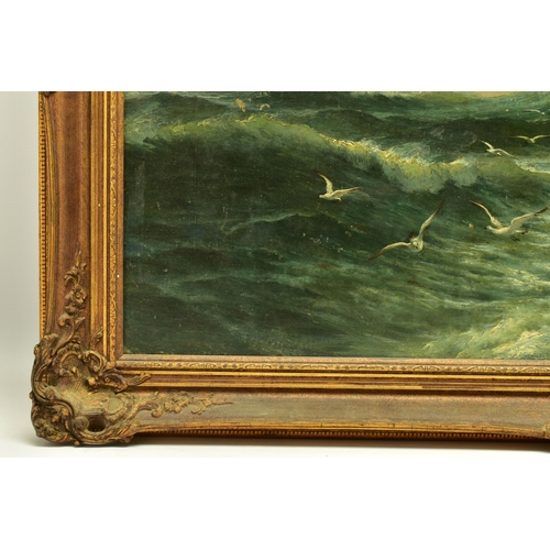 321 - DAVID JAMES (1853-1904) BREAKING WAVES, a  view of open seas with gulls flying over breaking white c... 