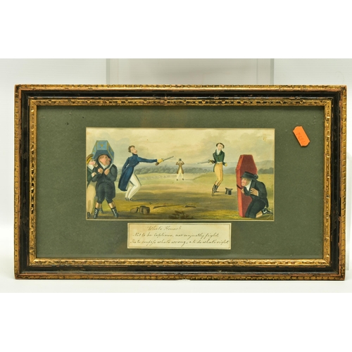 325 - A 19TH CENTURY PRINT DEPICTING A DUEL WITH PISTOLS, two reluctant figures aim their pistols at each ... 