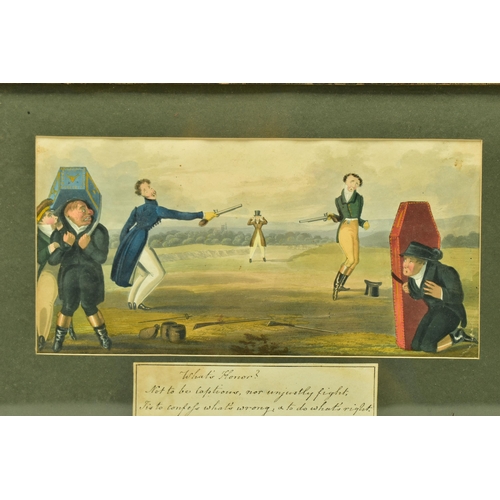 325 - A 19TH CENTURY PRINT DEPICTING A DUEL WITH PISTOLS, two reluctant figures aim their pistols at each ... 