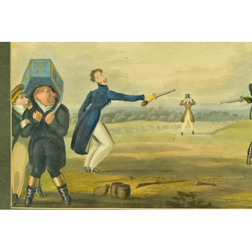 325 - A 19TH CENTURY PRINT DEPICTING A DUEL WITH PISTOLS, two reluctant figures aim their pistols at each ... 