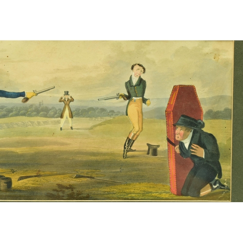 325 - A 19TH CENTURY PRINT DEPICTING A DUEL WITH PISTOLS, two reluctant figures aim their pistols at each ... 