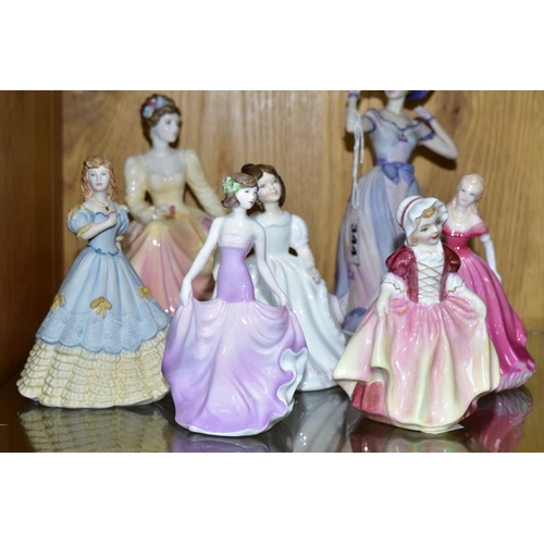 344 - SEVEN COALPORT AND ROYAL DOULTON FIGURINES, comprising Coalport: The Age of Elegance 'Regents Park' ... 