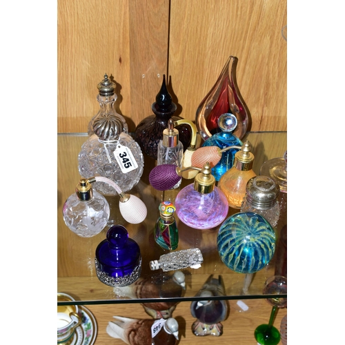 345 - A COLLECTION OF GLASS PAPERWEIGHTS AND SCENT BOTTLES, to include two signed Mdina paperweights, an A... 