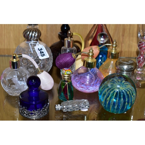 345 - A COLLECTION OF GLASS PAPERWEIGHTS AND SCENT BOTTLES, to include two signed Mdina paperweights, an A... 